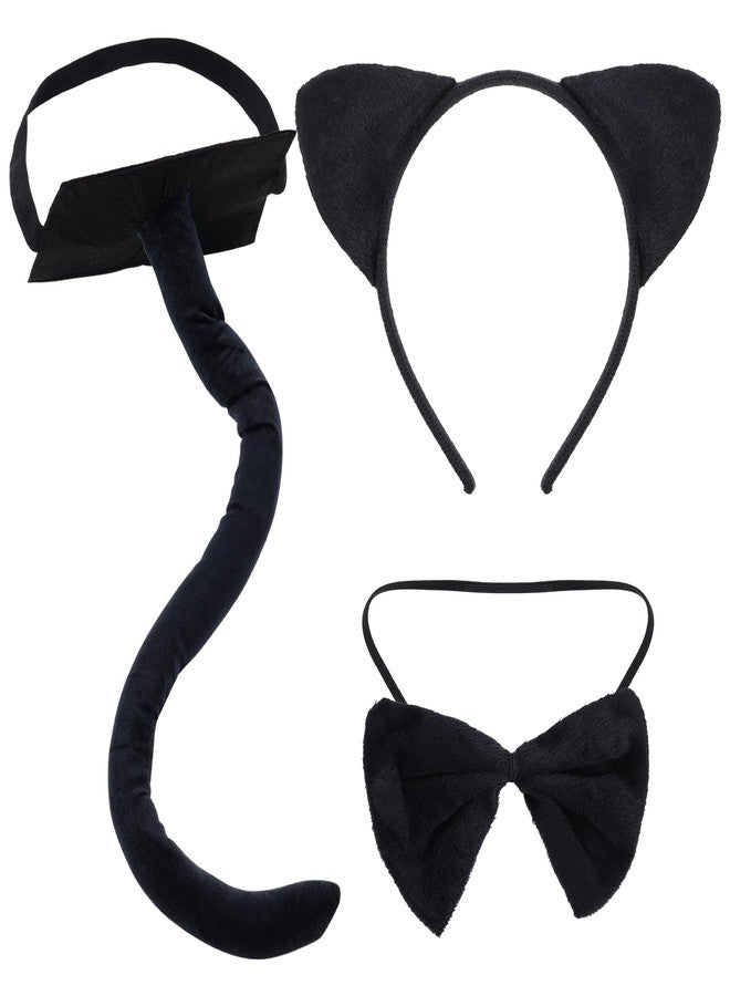 obmwang 3 Pieces Black Cat Costume Cat Ears Headband Bowtie and Tail Set Fancy Animal Cosplay for Halloween Dress Up Party - Image 1